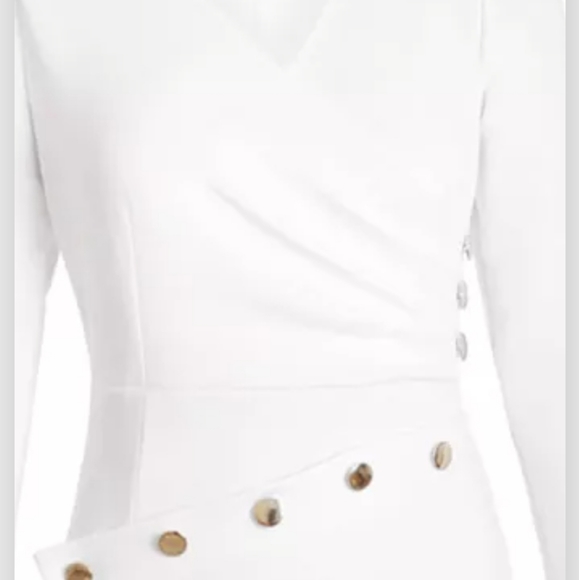 Asymmetric White Ruchet Midi Dress - Picture 3 of 9